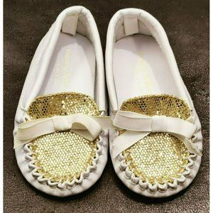 Wendy Bellissimo Teagan Gold Mocs Kids White Gold Glitter Ribbon Bow Size 4